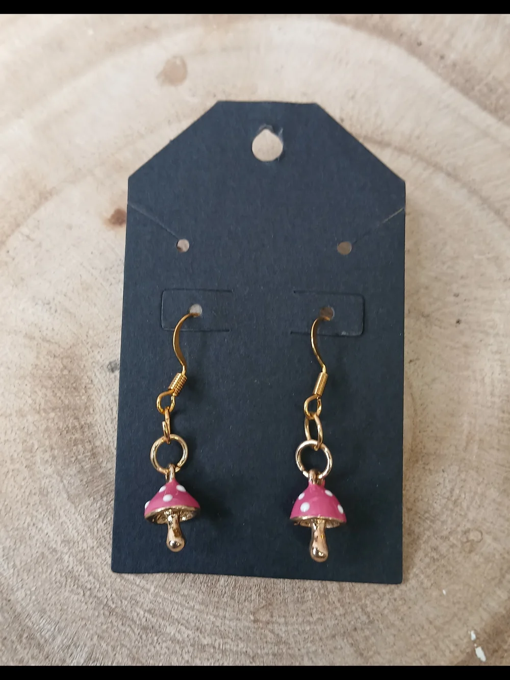 Gold Mushroom Drop Earrings with Pink Caps